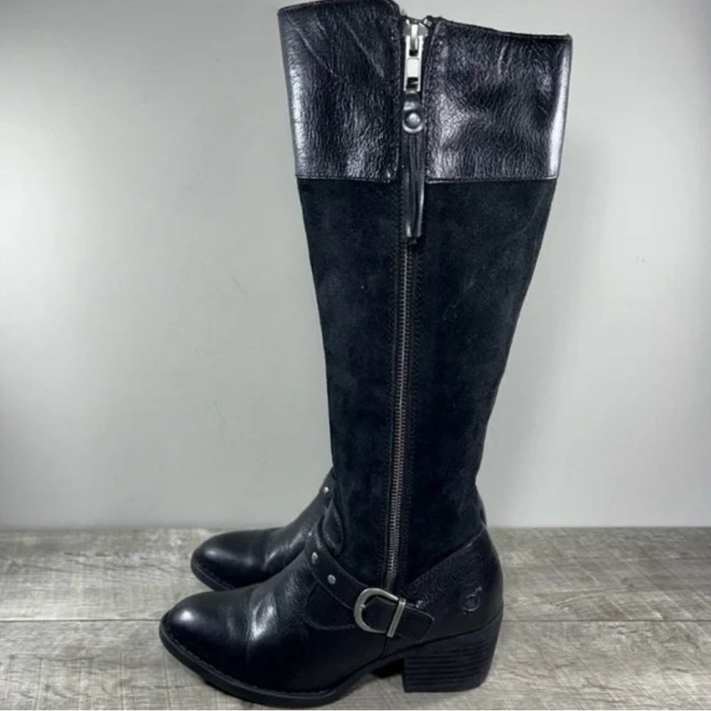 Born Alize Black Womens Black Leather Women’s Riding Side Zip Boots Size 6.5